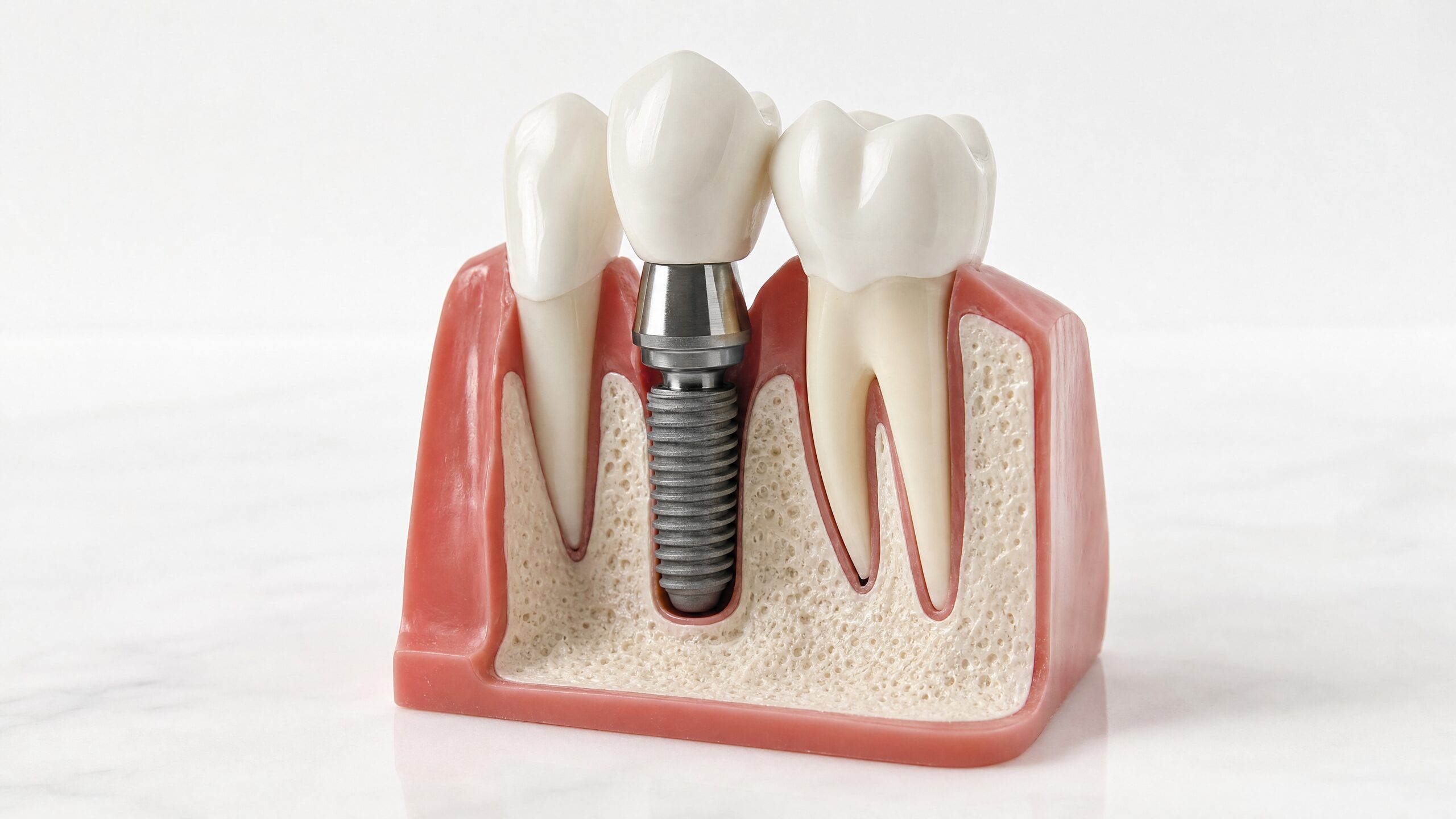 Dental implant model showing titanium screw, abutment and crown - Carmel Family Dental