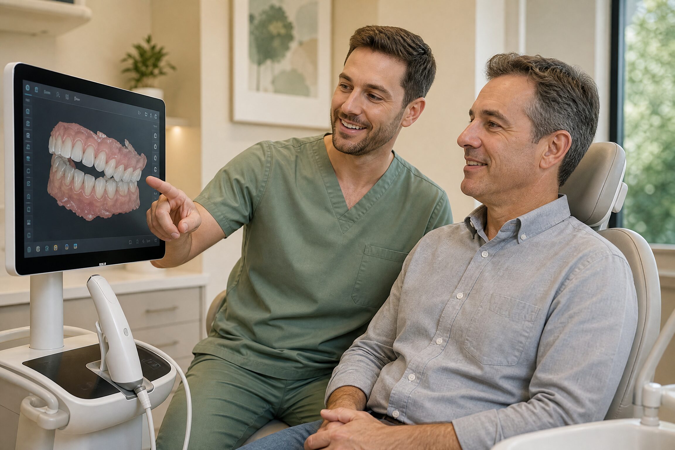 Dentist explaining All-on-X full arch implants to patient at Carmel Family Dental