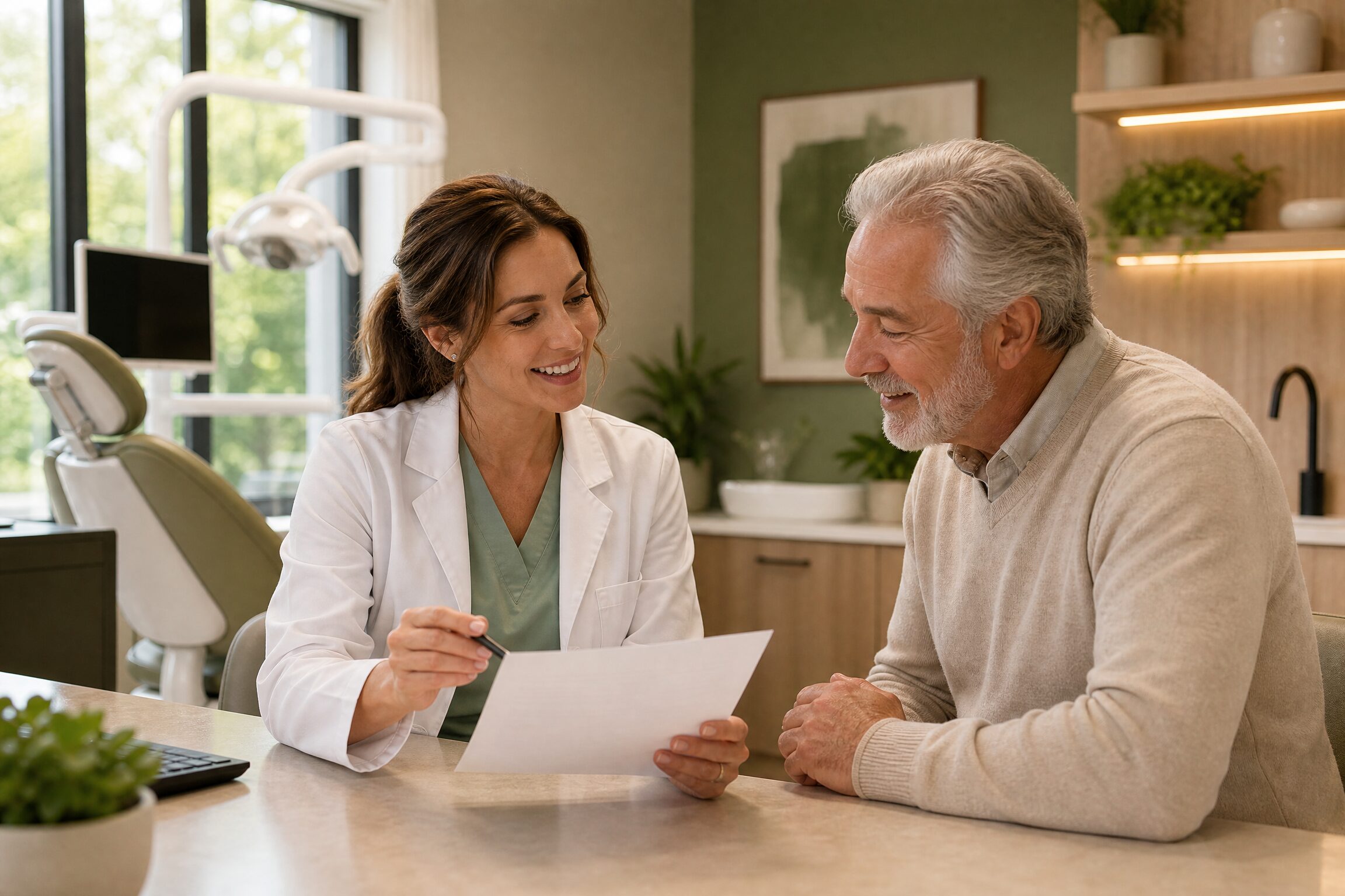 Dentist reviewing All-on-X treatment plan with patient at Carmel Family Dental