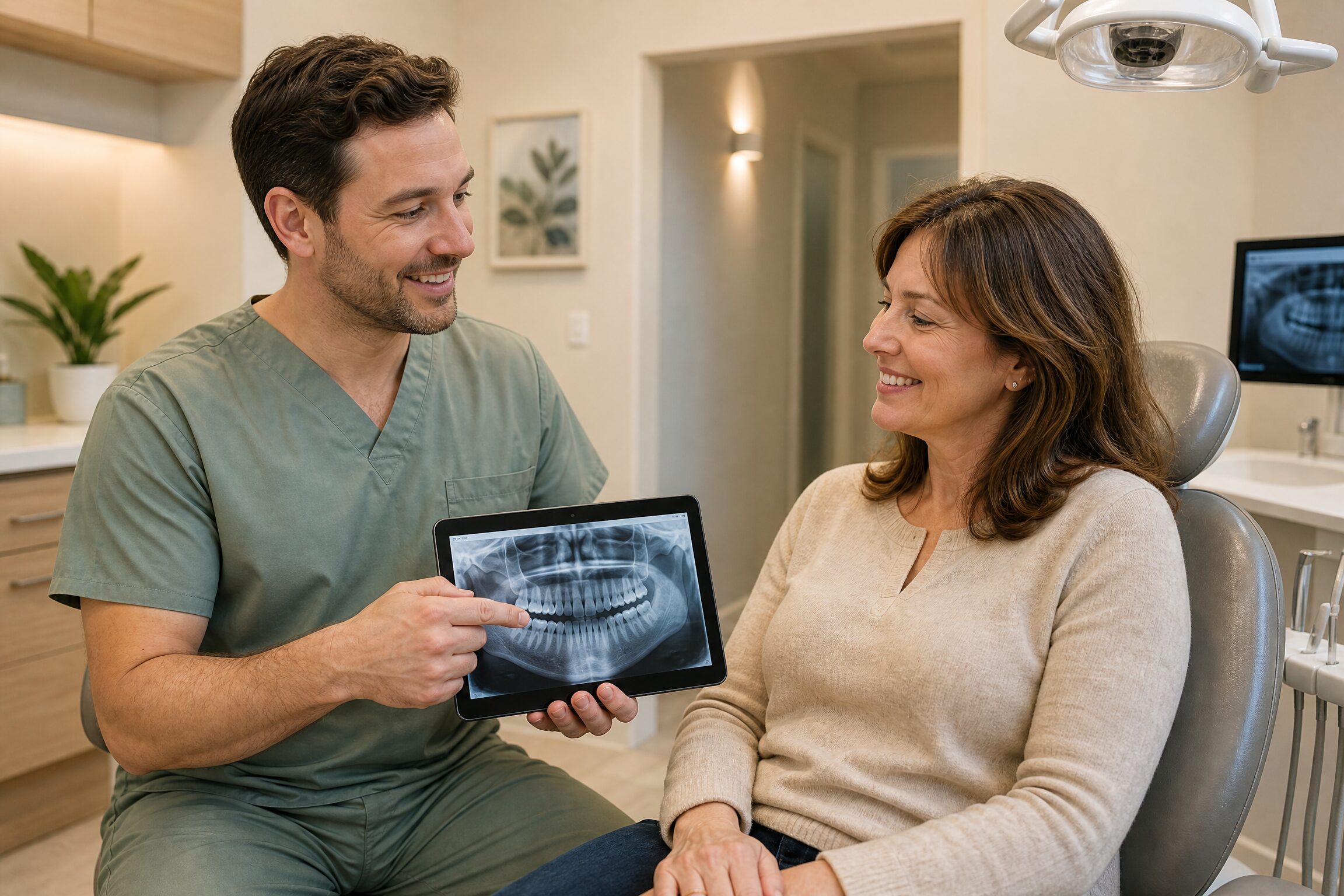 Dentist consulting with patient about implant-supported bridge in Carmel Indiana