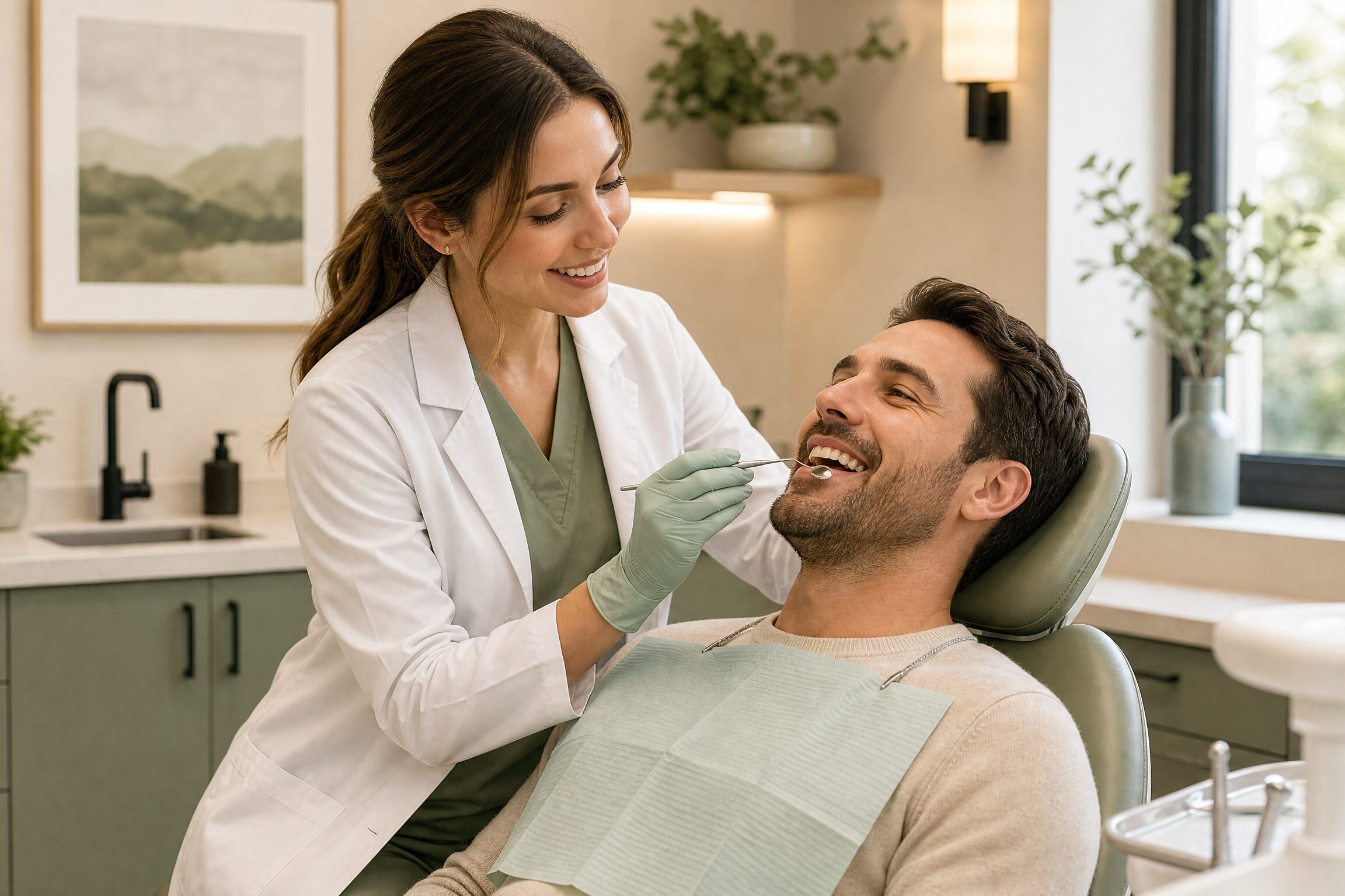 Dentist placing implant-supported bridge restoration