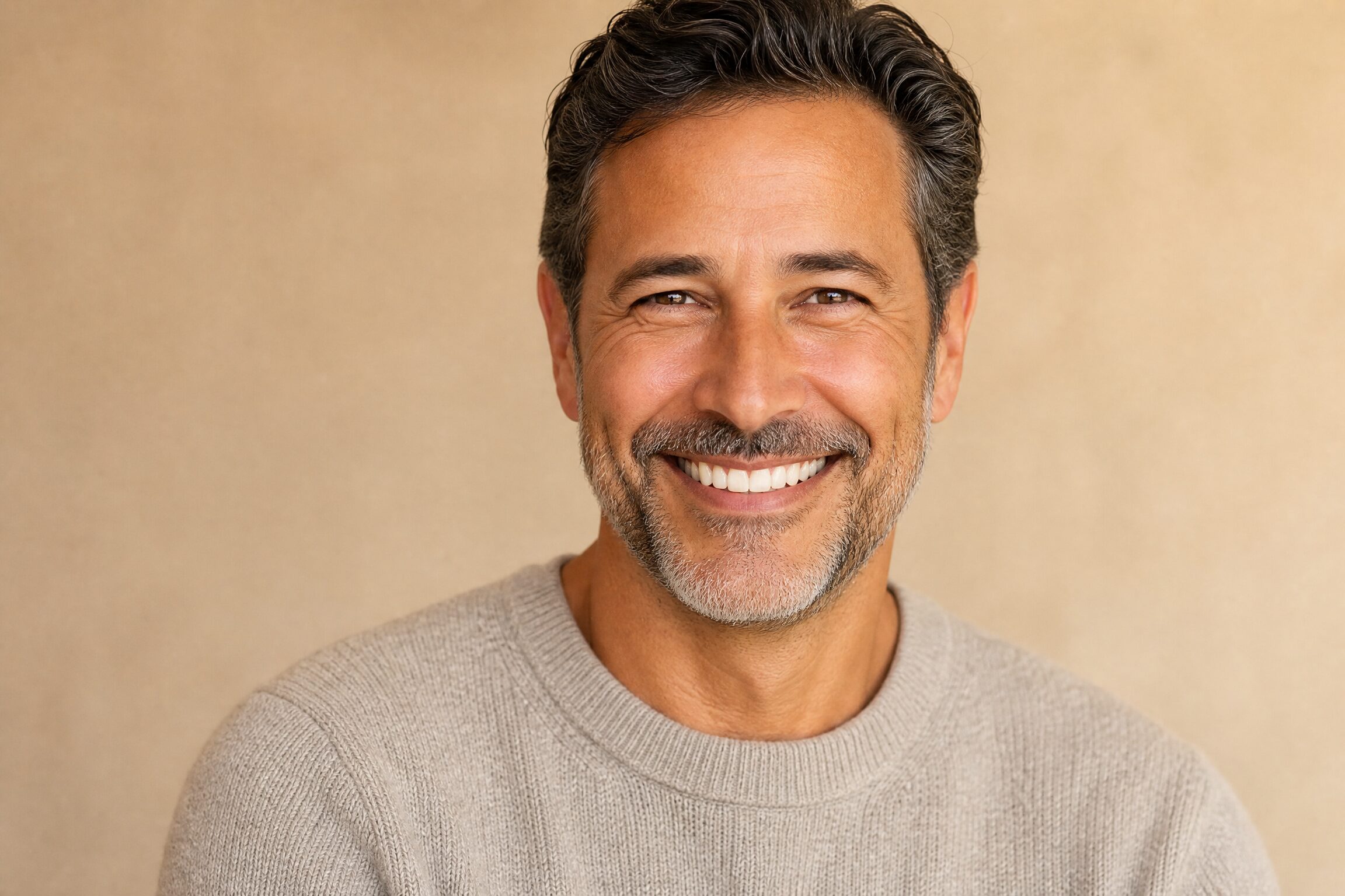 Patient with beautiful smile after implant-supported bridge