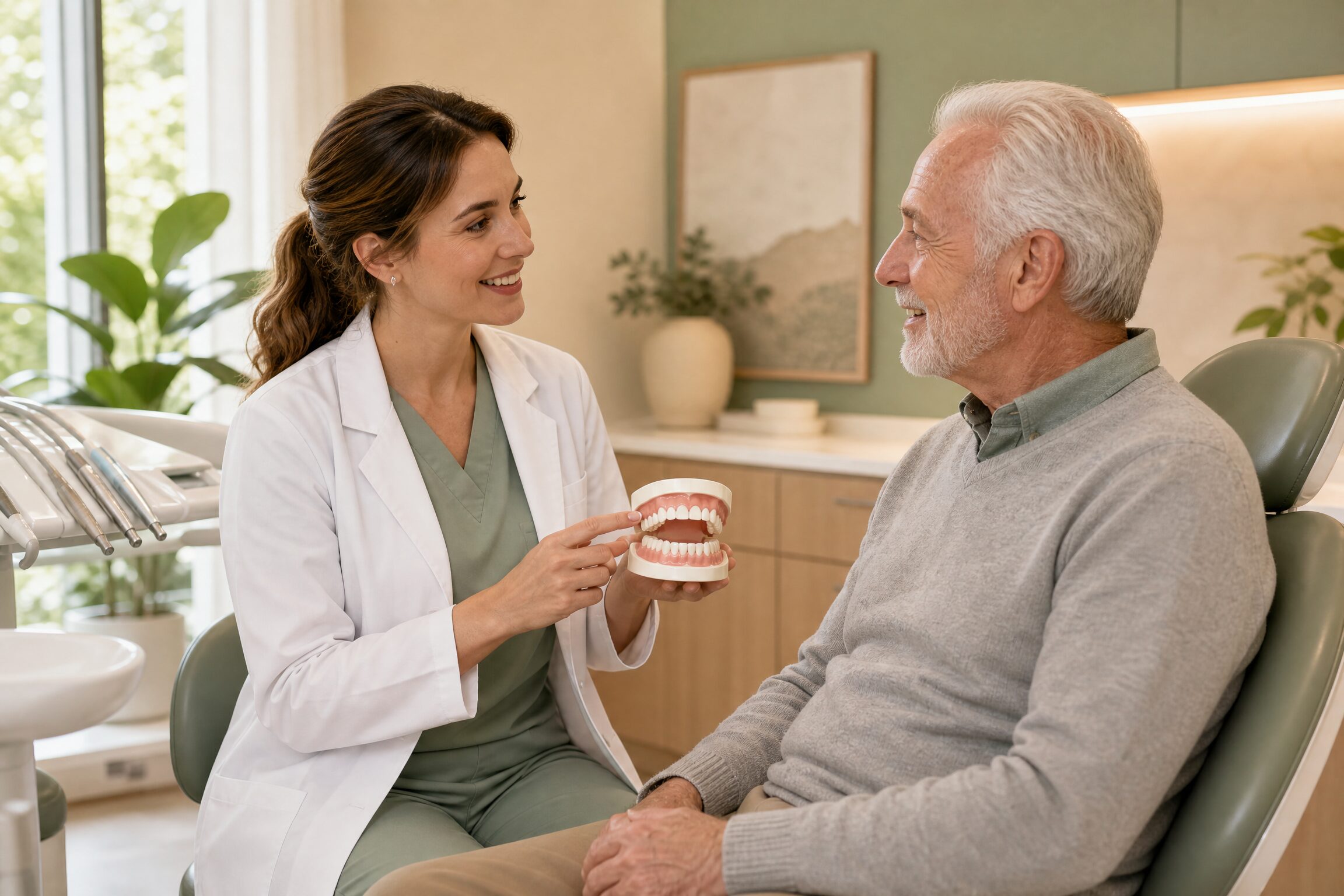 Dentist and patient reviewing implant denture treatment plan at Carmel Family Dental