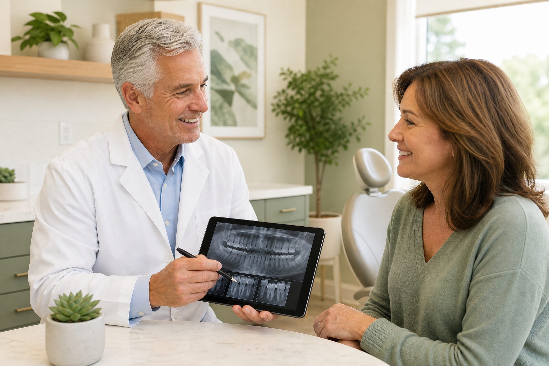 Dentist consulting with patient about single tooth implant