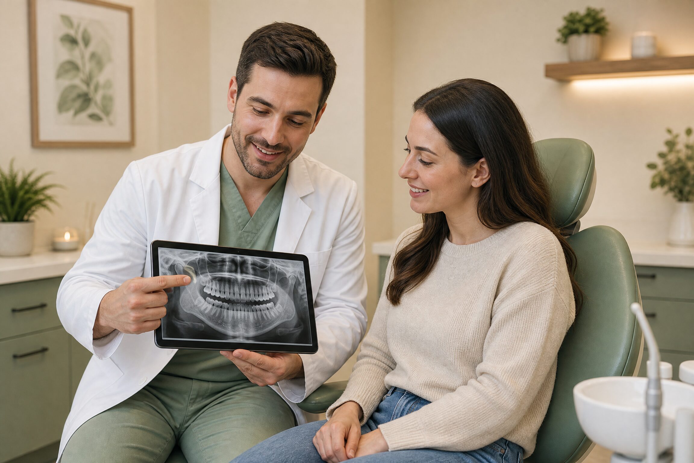 Dentist performing bite analysis with patient at Carmel Family Dental Indianapolis