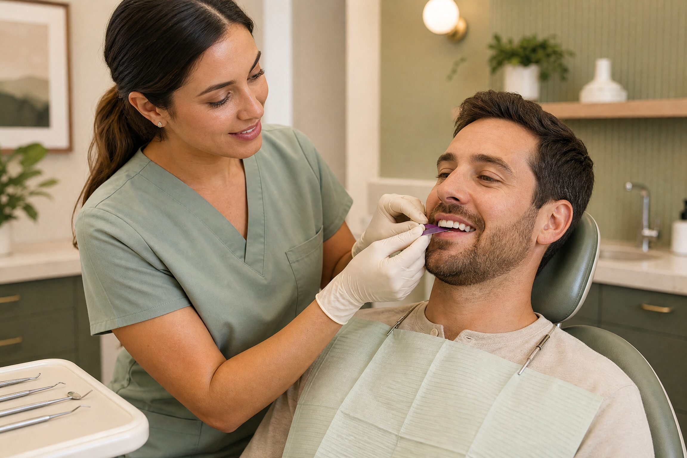 Dentist performing bite analysis at Carmel Family Dental Indianapolis