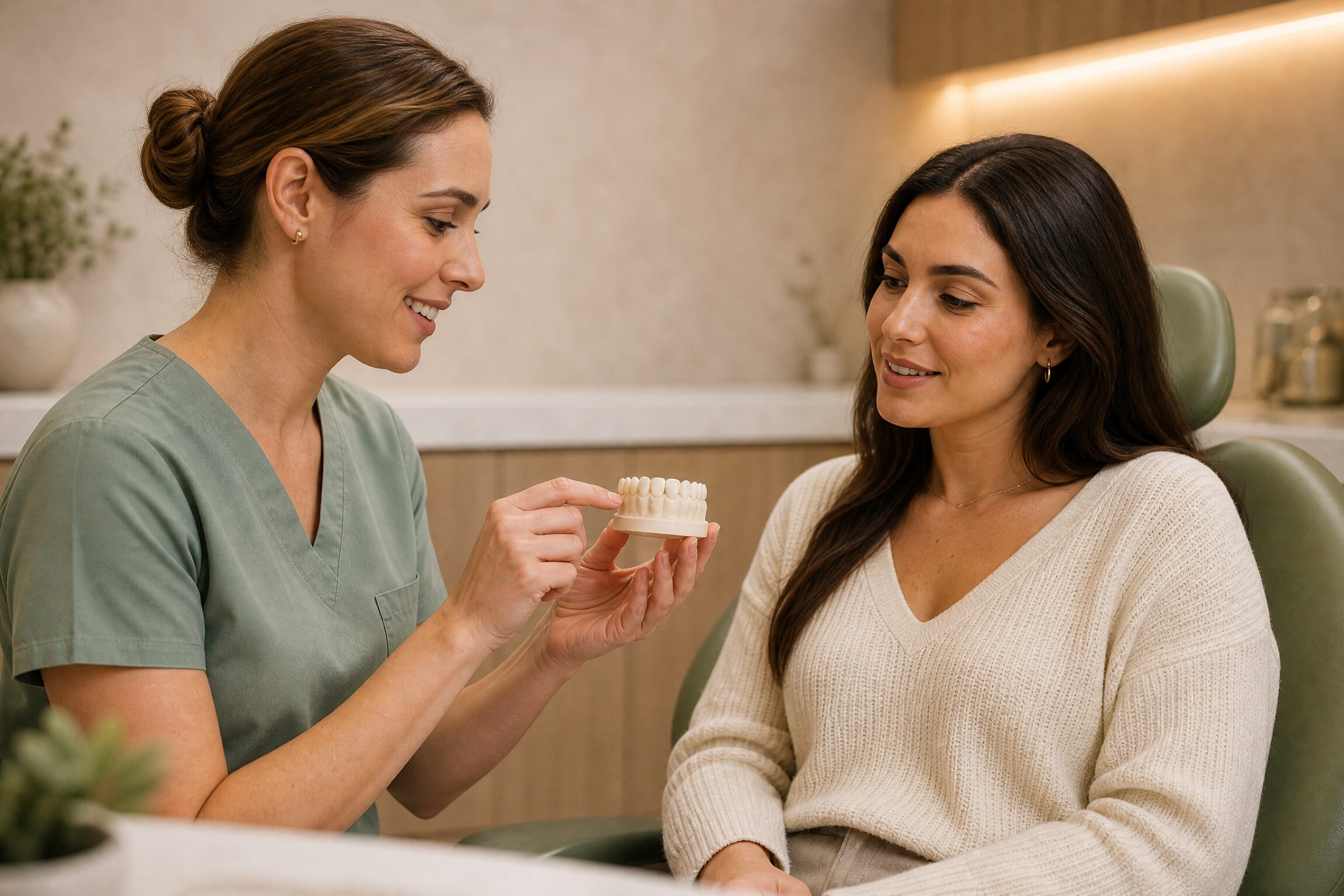 Cosmetic bonding discussion with a patient and dental model