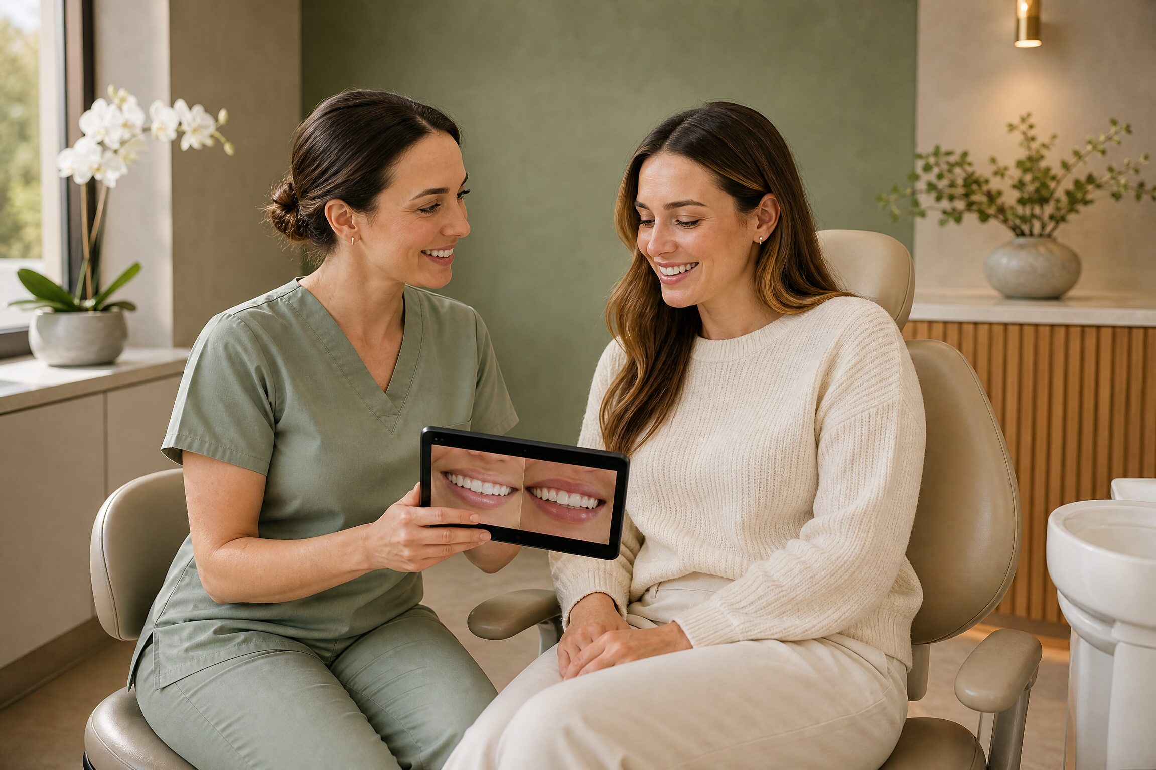 Dentist reviewing a personalized cosmetic dentistry plan with a patient in Carmel, Indiana