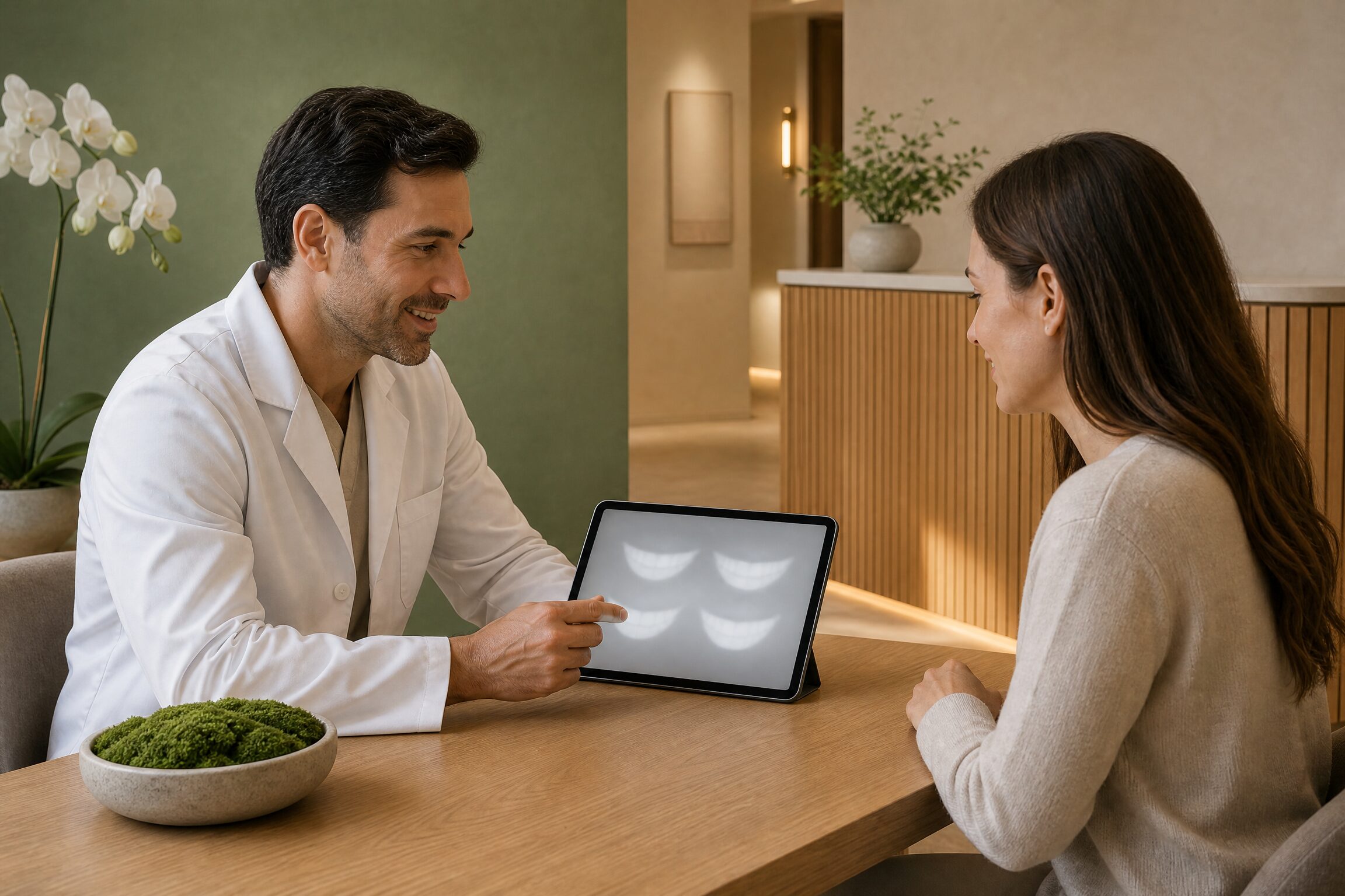 Dentist explaining a staged cosmetic dentistry plan on a tablet
