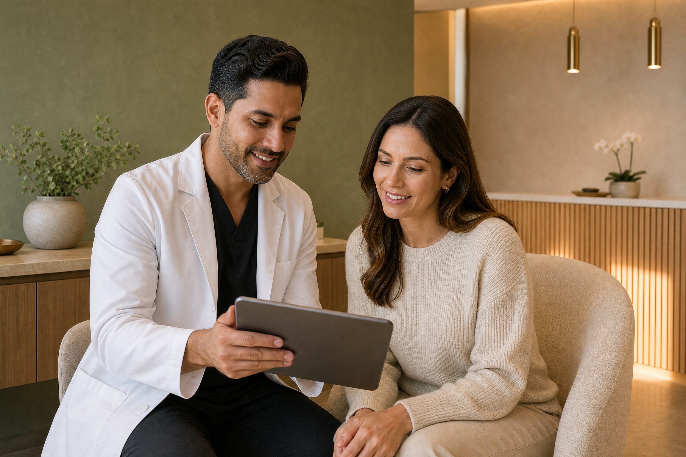Dentist reviewing gumline symmetry and smile proportions with a patient