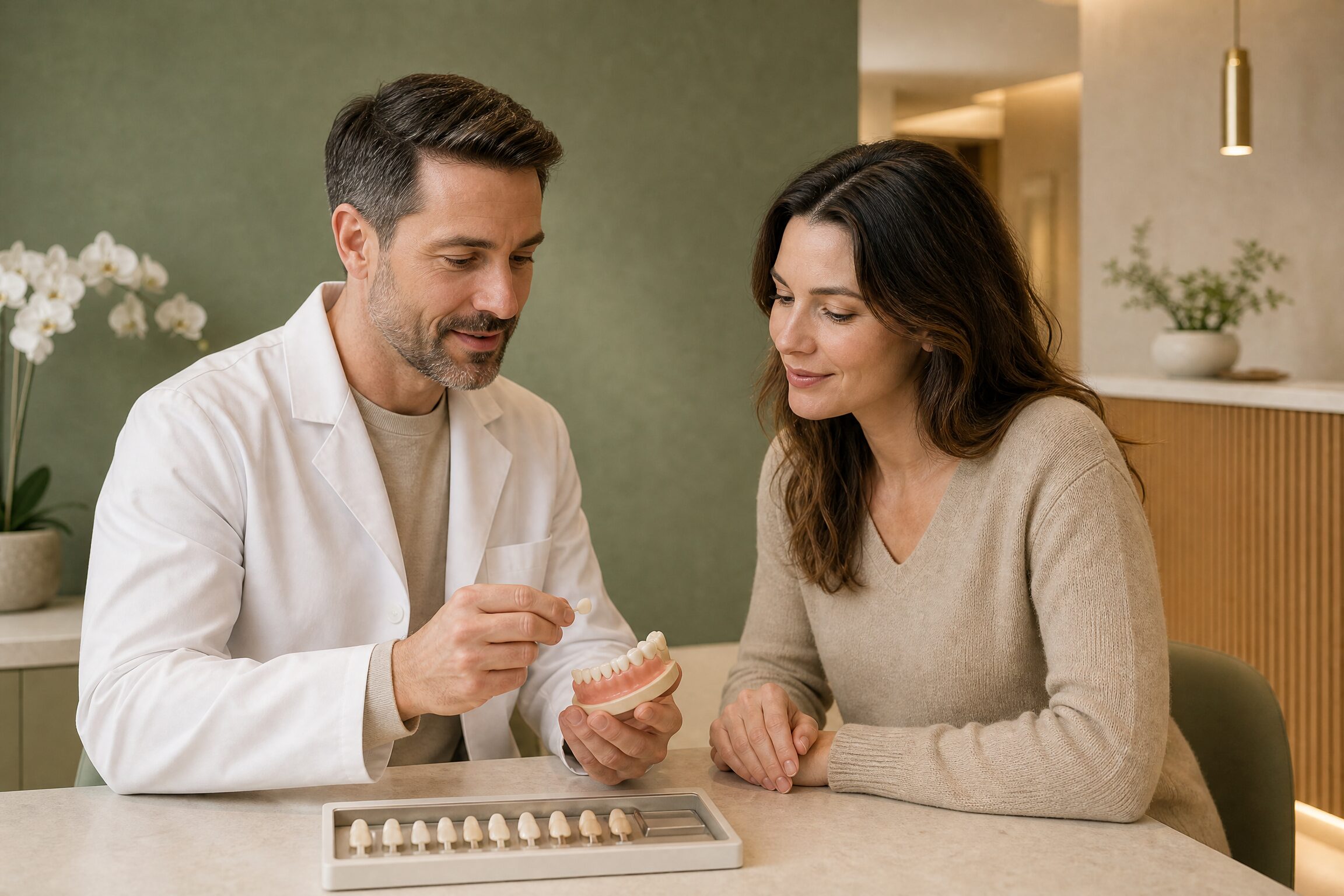 Dentist reviewing custom veneer shade options with a patient