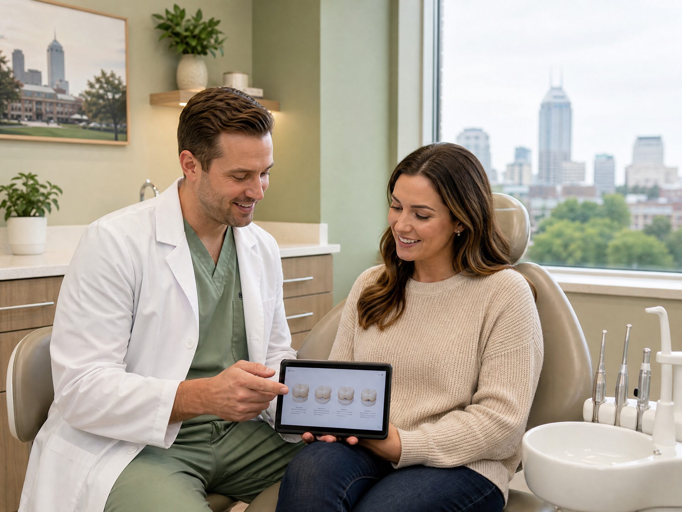 Dentist reviewing custom restoration options with patient at Carmel Family Dental Indianapolis