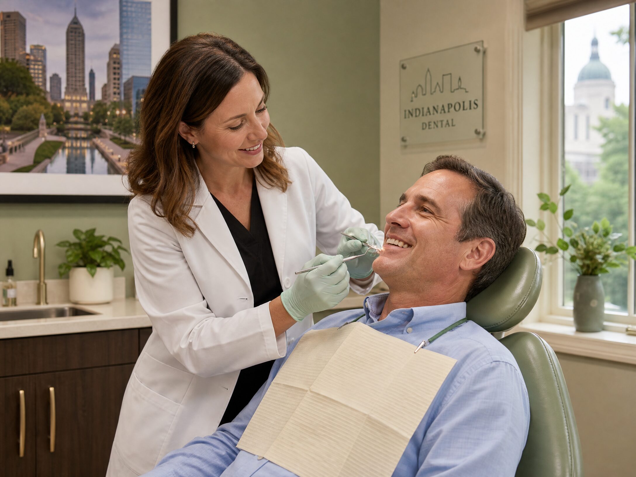 Dentist fitting custom restoration at Carmel Family Dental Indianapolis