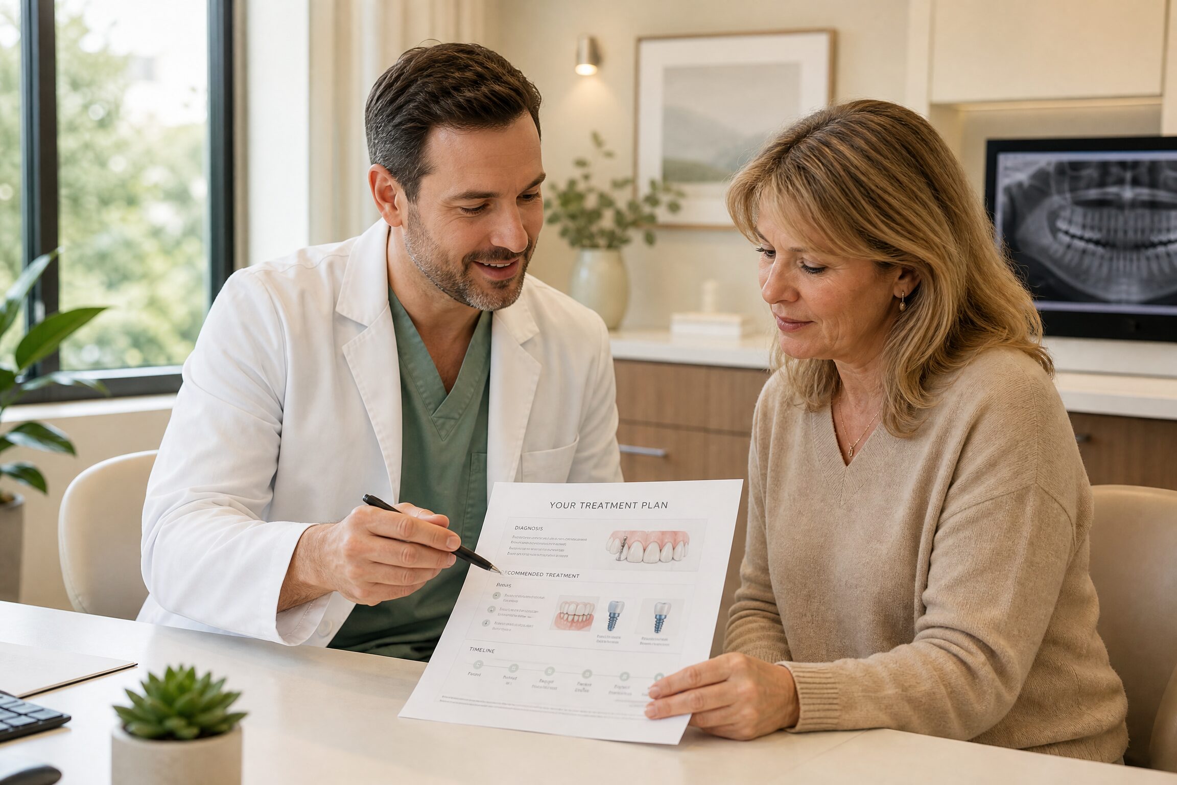 Dentist reviewing full mouth reconstruction treatment plan with patient at Carmel Family Dental