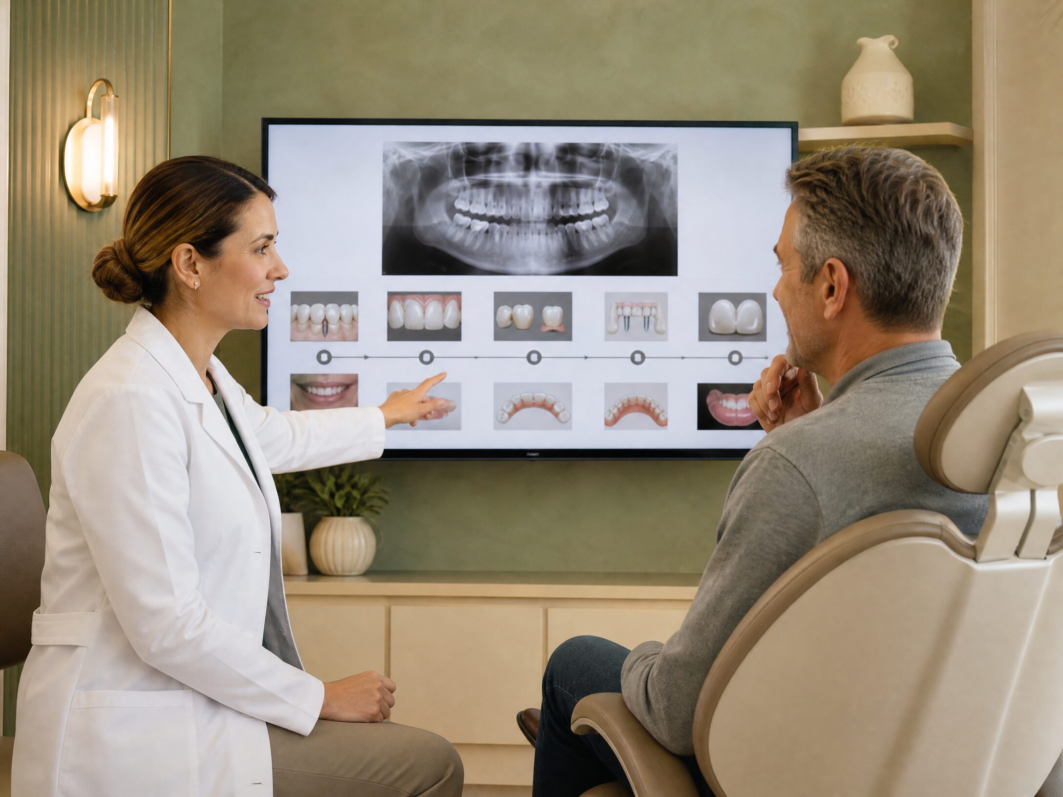 Dentist reviewing full mouth reconstruction treatment stages with patient at Carmel Family Dental