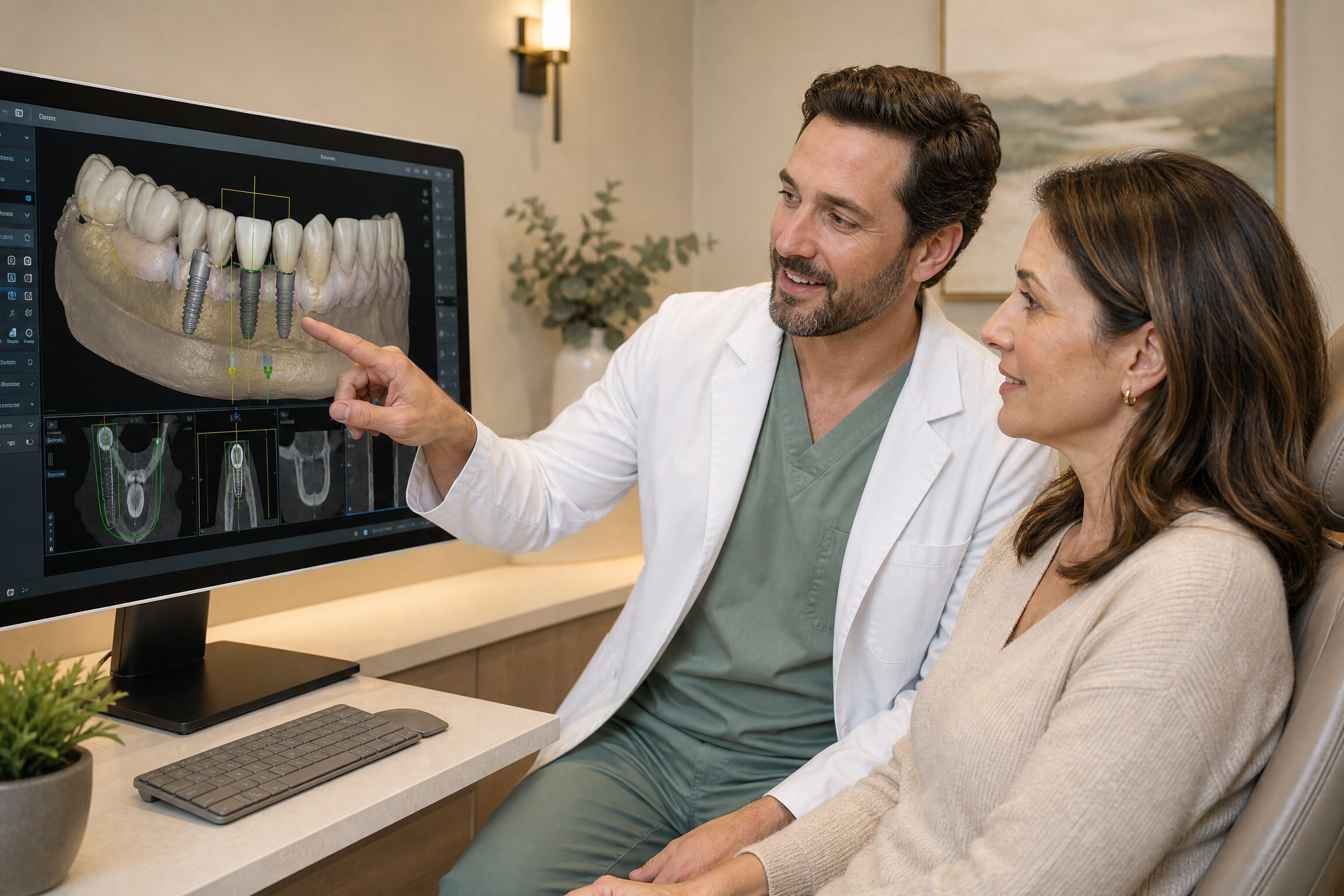 Dentist reviewing 3D implant plan on computer screen at Carmel Family Dental