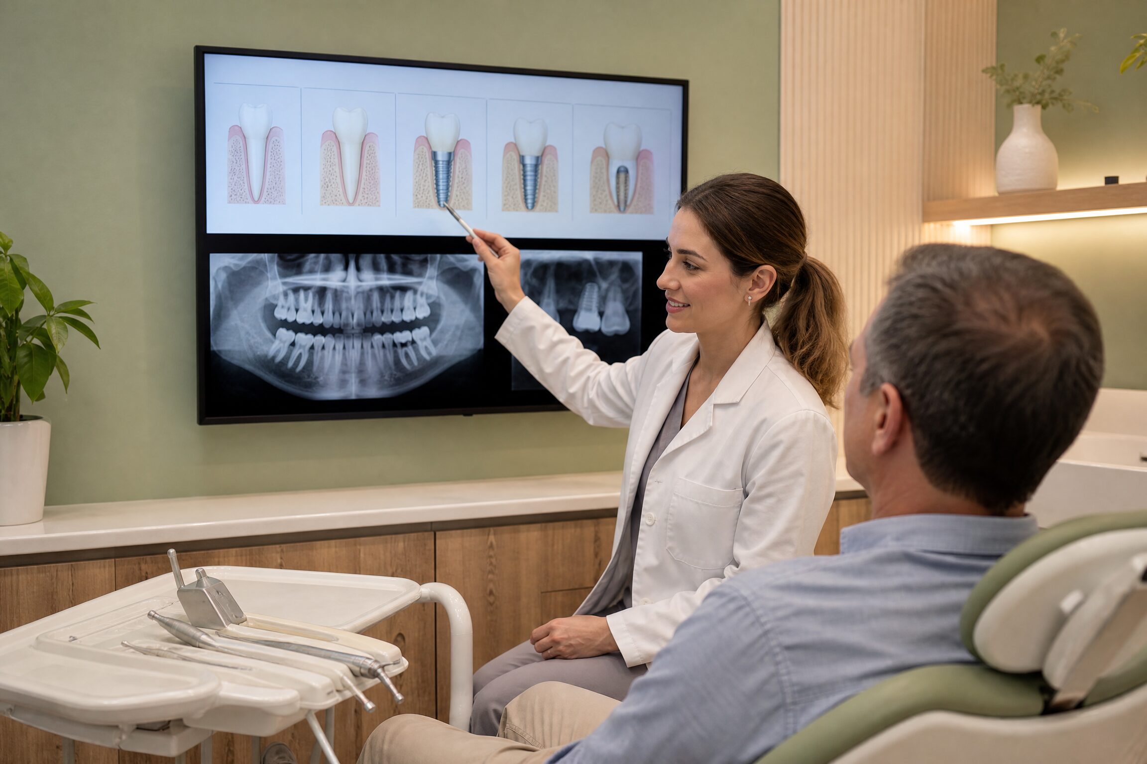 Dentist reviewing complex smile rehabilitation treatment stages with patient at Carmel Family Dental