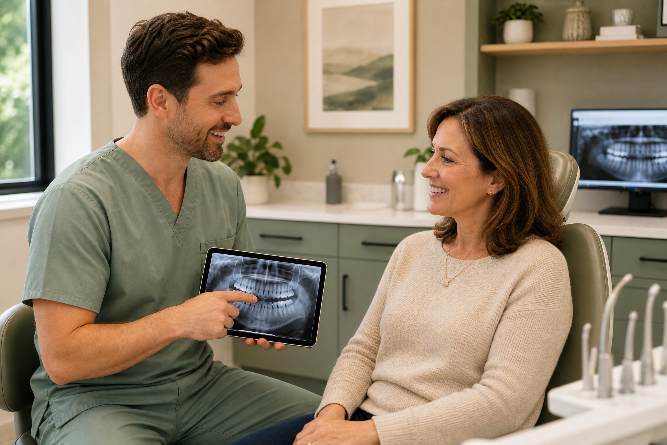 Dentist reviewing implant restoration options with patient at Carmel Family Dental