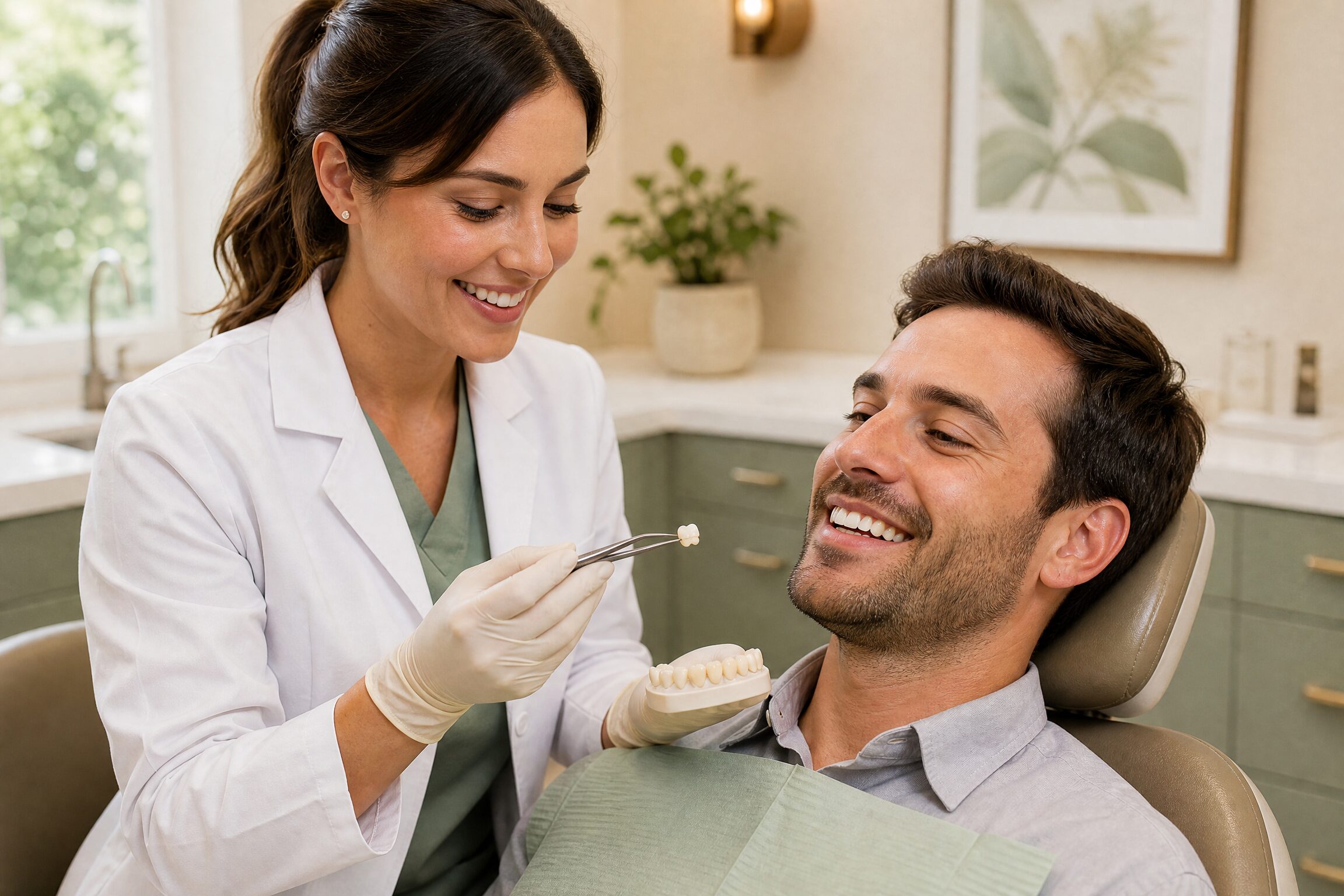 Dentist placing implant crown restoration at Carmel Family Dental
