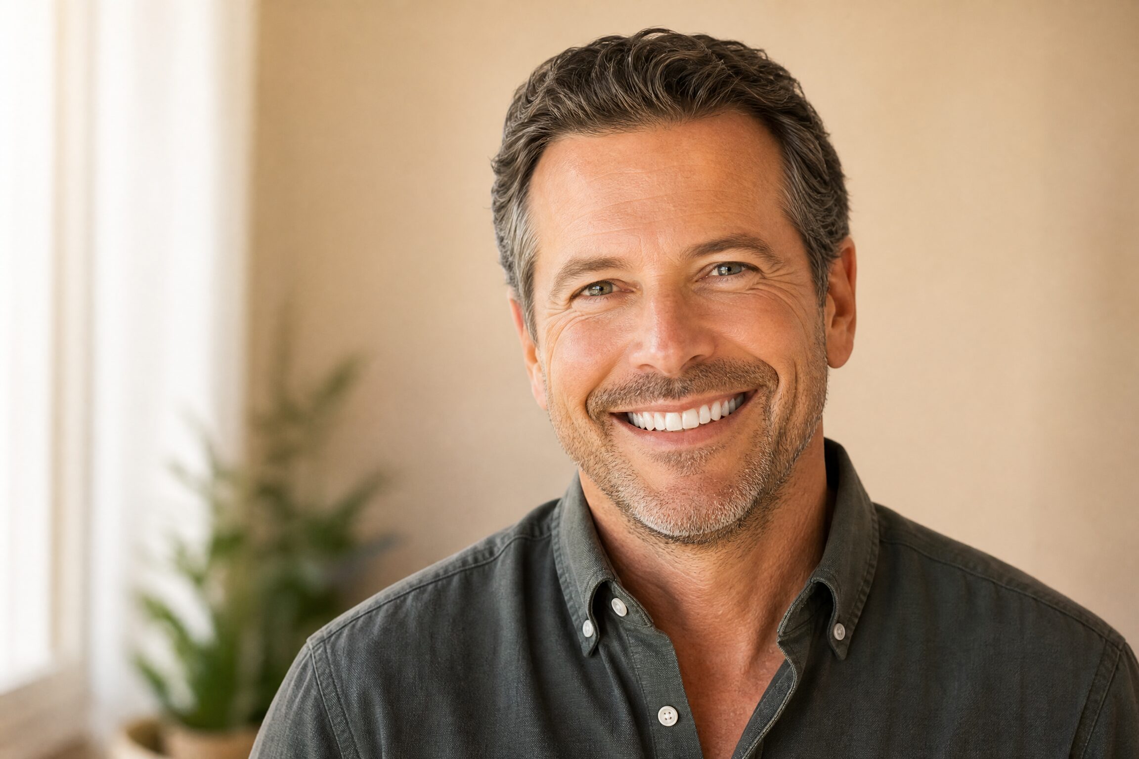 Patient with confident natural smile after implant restoration at Carmel Family Dental