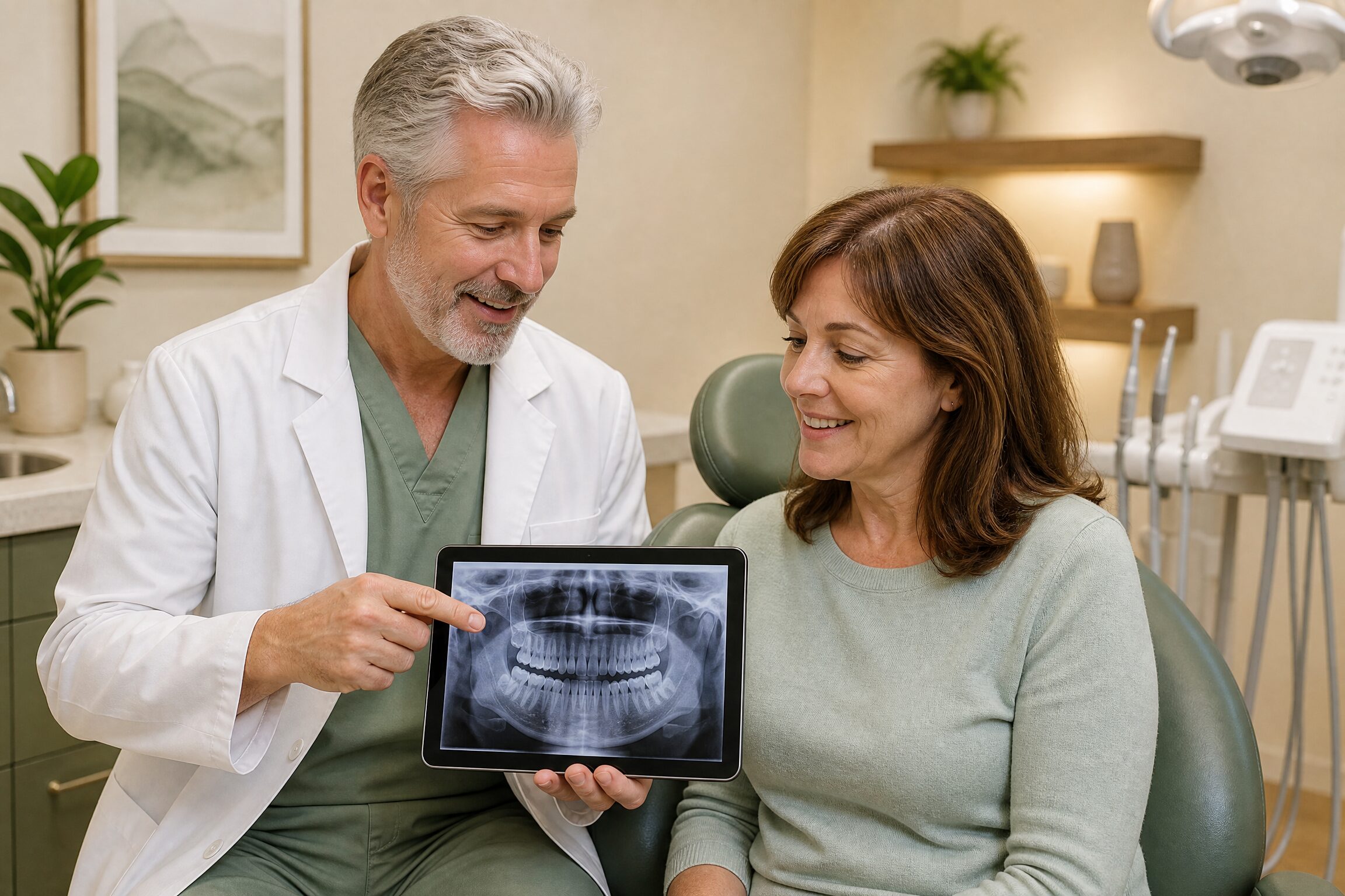 Dentist reviewing jaw X-ray with patient at Carmel Family Dental