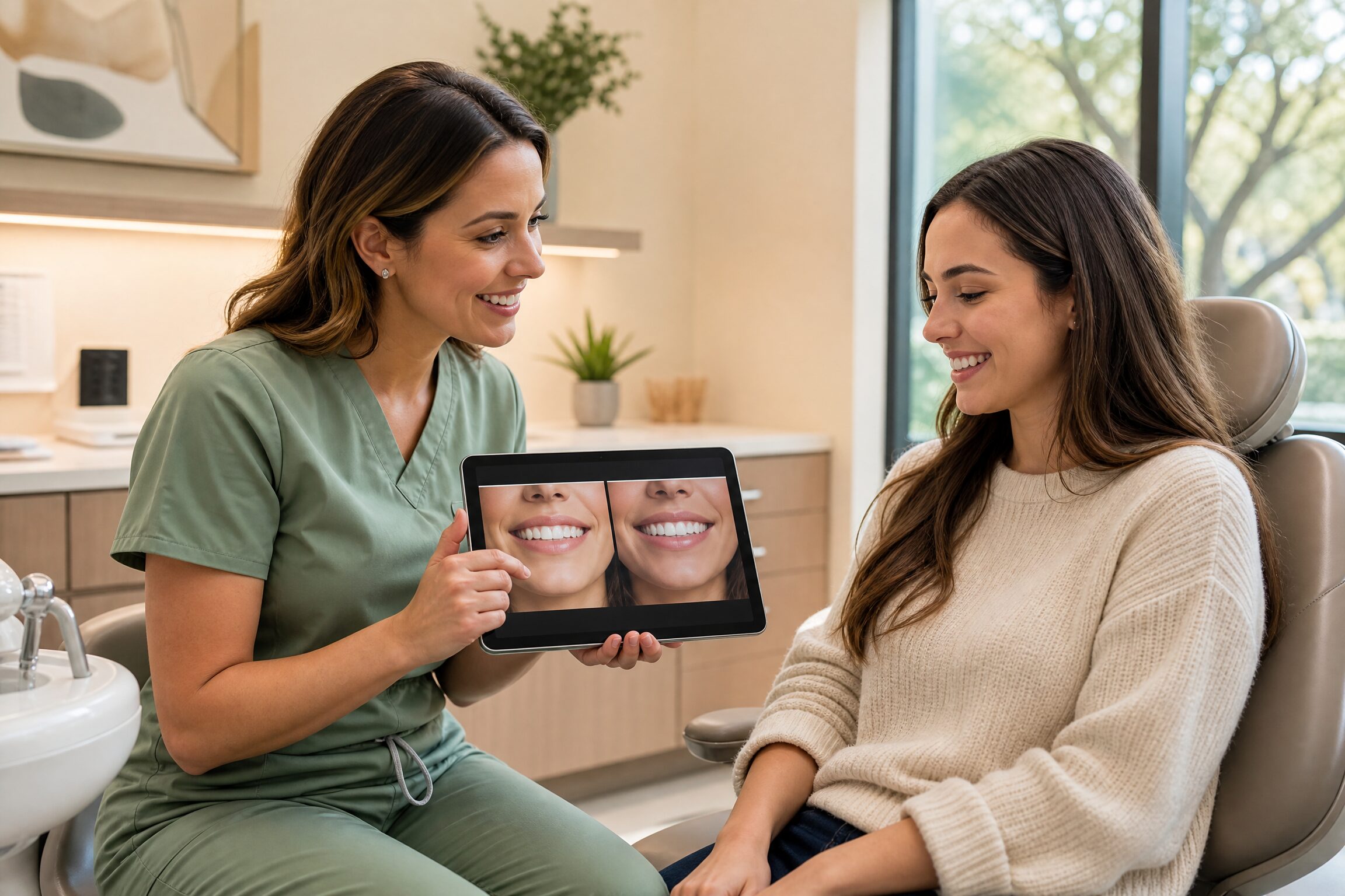 Dentist showing custom veneer design to patient at Carmel Family Dental in Indianapolis