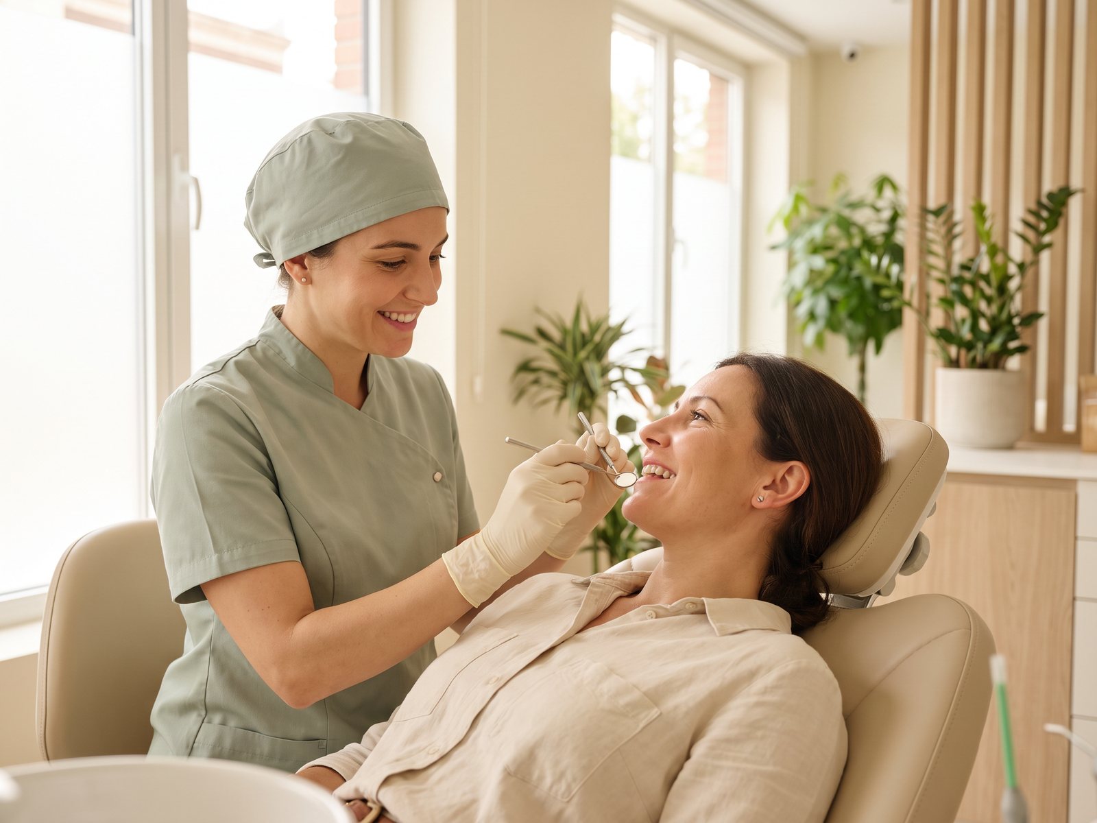Dentist performing a gentle oral examination during an urgent dental assessment