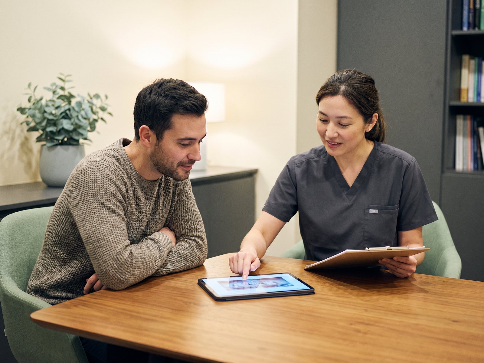 Dentist explaining emergency dental treatment and next-step instructions to an adult patient