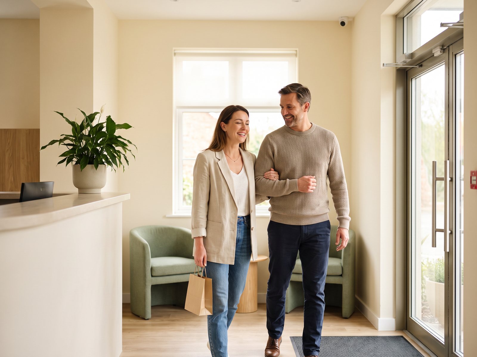 Adult patient leaving a modern dental office with a supportive companion after receiving dental guidance