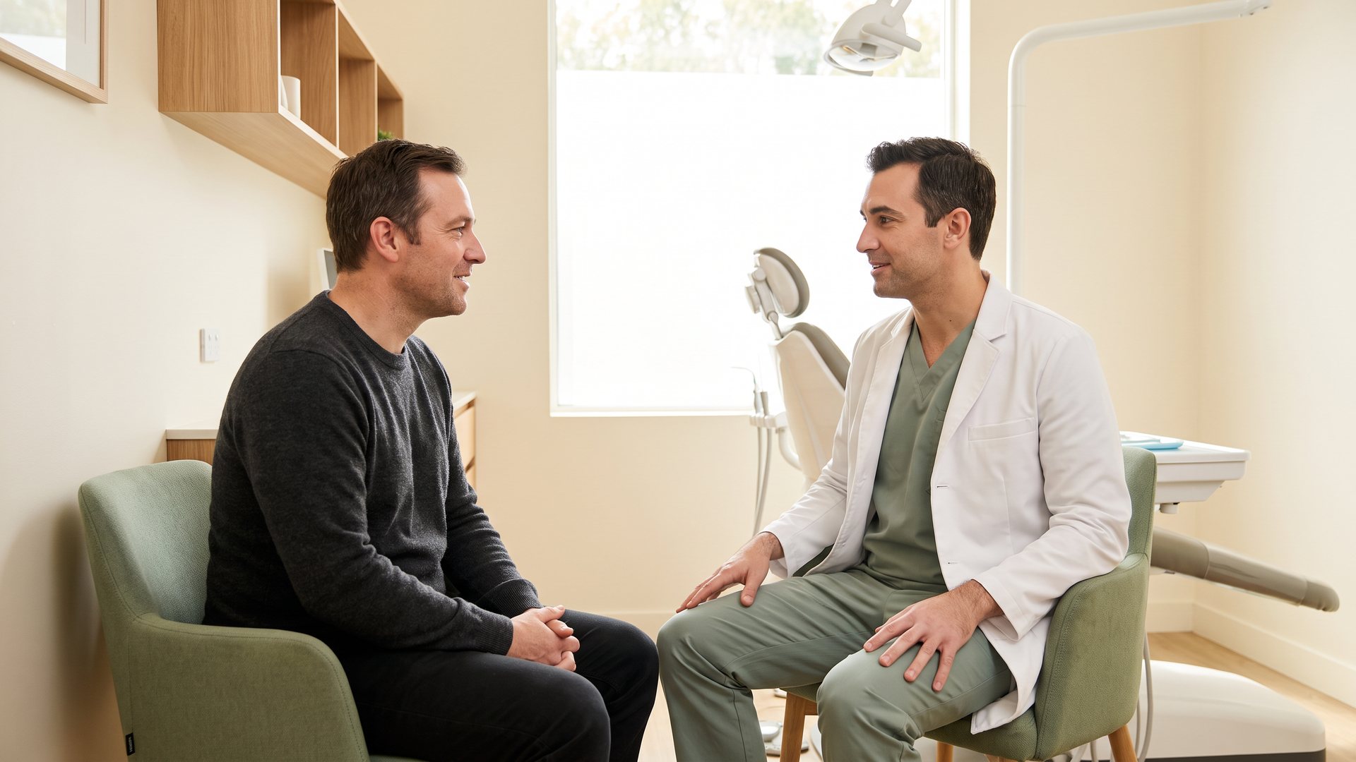 Dentist listening to an adult patient describe an urgent dental concern in a calm consultation room