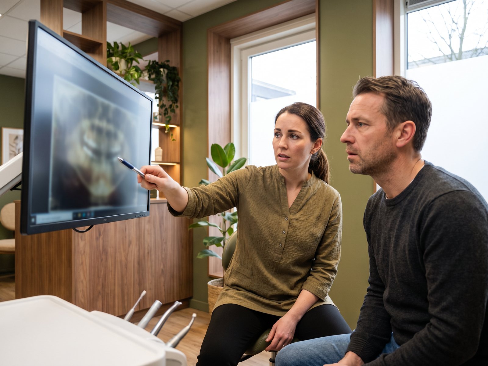 Dentist and patient reviewing digital dental imaging during an urgent consultation