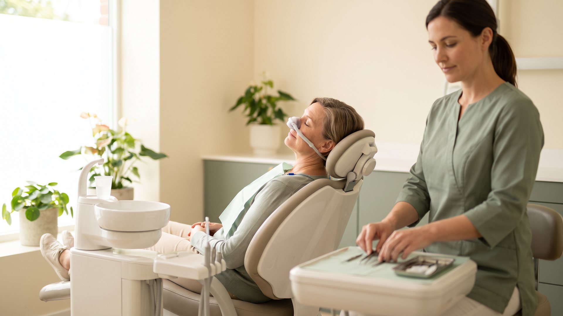 Relaxed adult patient breathing through a small nasal hood while a dentist prepares for care