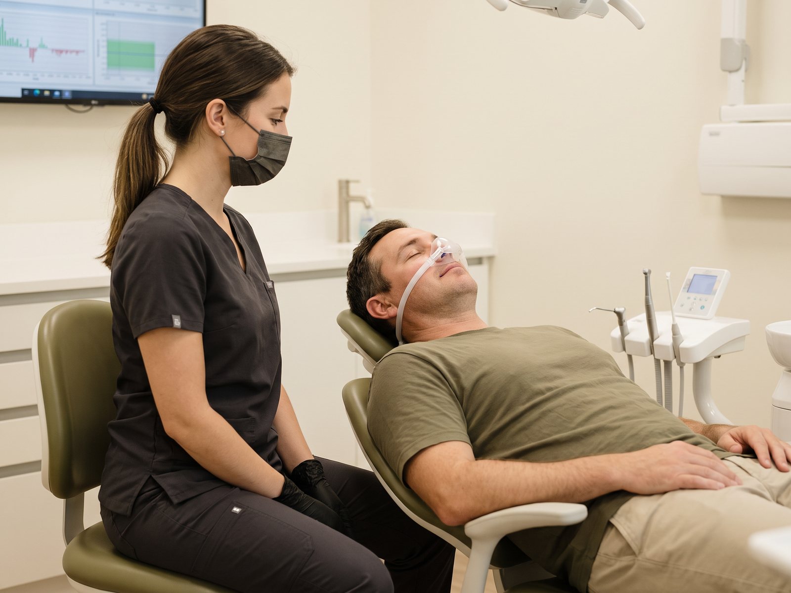Dental team member monitoring a relaxed patient during a calm dental appointment