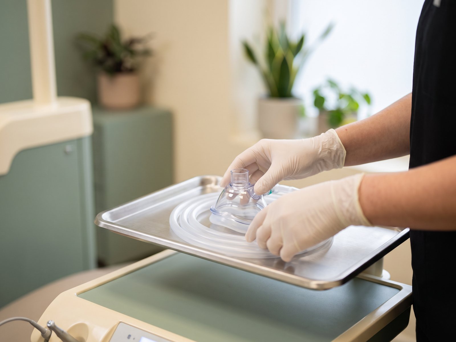 Dental professional preparing a clean nasal hood and oxygen delivery equipment