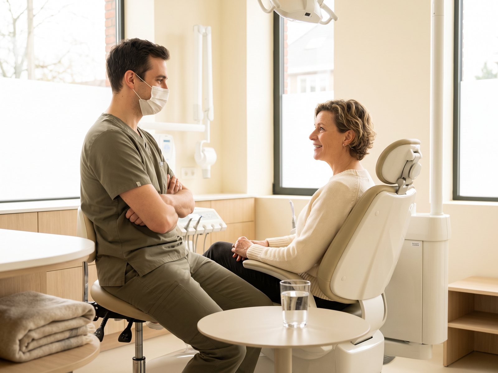 Alert adult patient speaking with a dentist after a calm dental appointment