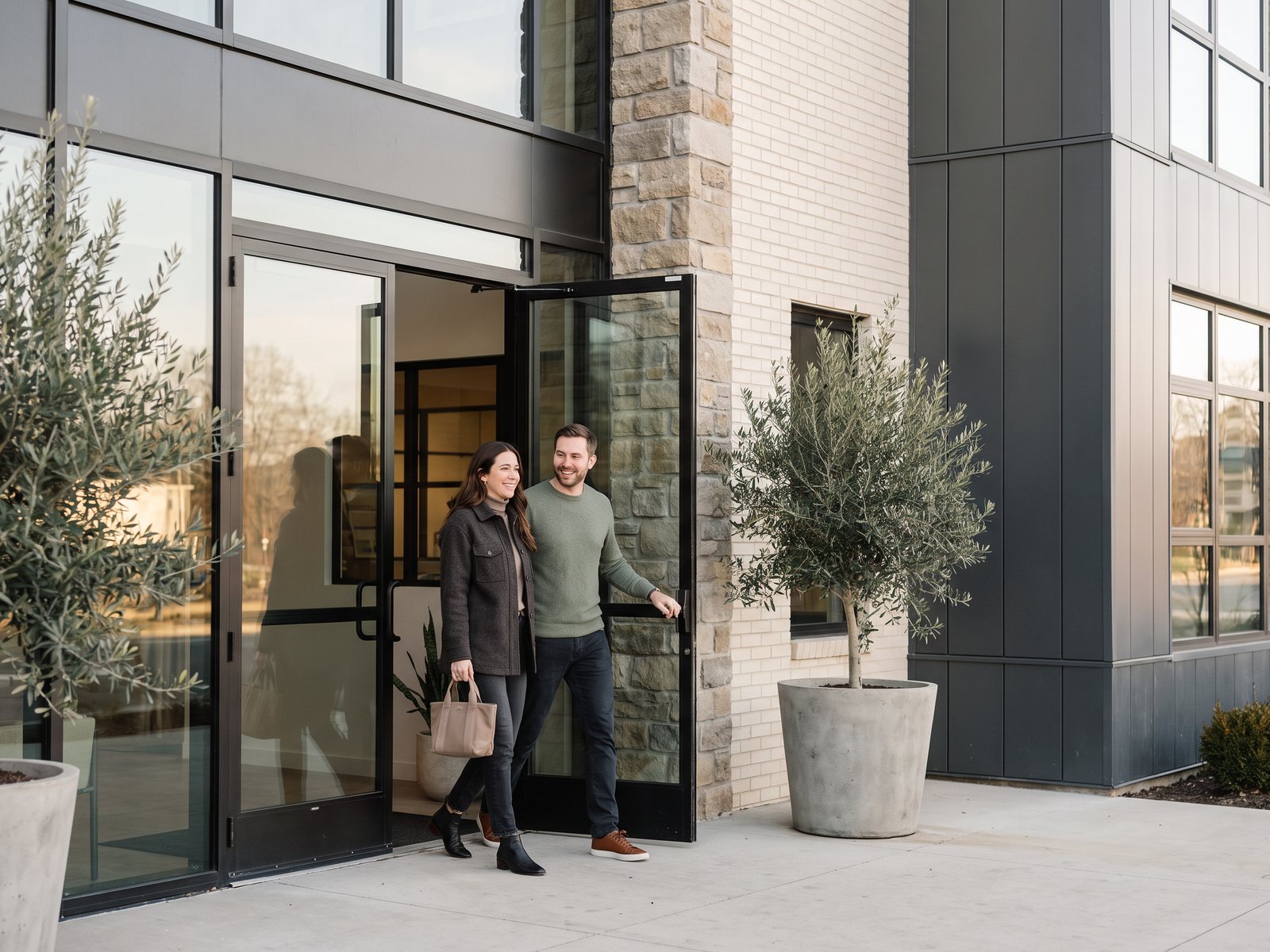 Adult patient leaving a modern Carmel Family Dental office with a supportive companion