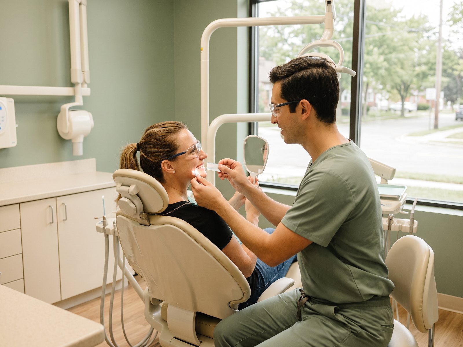 Dentist checking a crown fit during a calm follow-up appointment