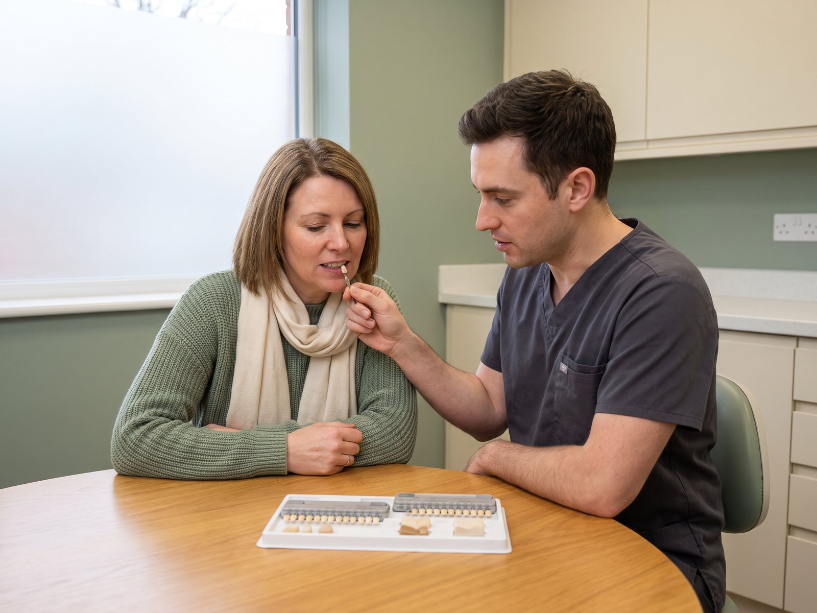Dentist and patient comparing crown material and shade options