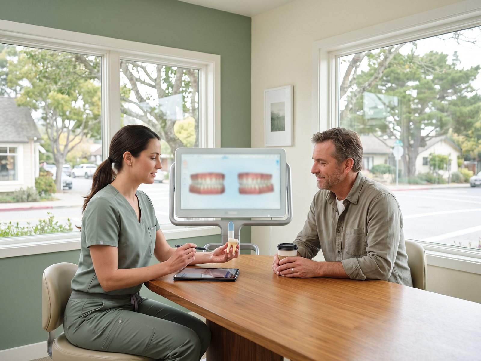 Carmel dentist and patient reviewing crown restoration options