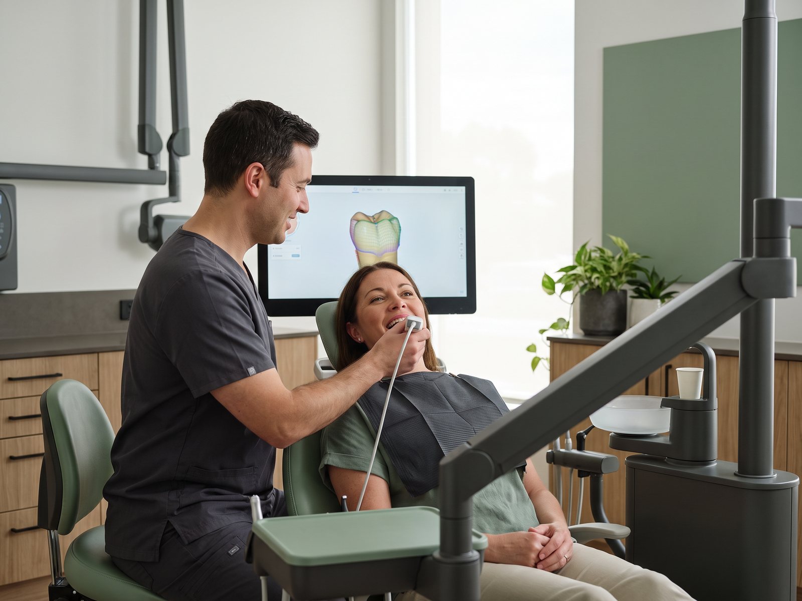 Dentist using a digital scanner to plan a custom crown restoration
